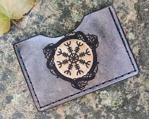 Helm of Awe Handmade Leather Card Wallet in Antique Black With Black Stitching