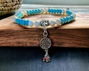 white stone and blue stone stretch bracelet in various sizes and a  plus size.