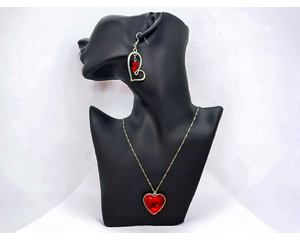 Handcrafted red heart necklace with matching dangle Geary earrings jewelry set.