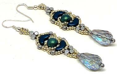 Handmade Blue Silver Crescent with Crystal Drop Earrings