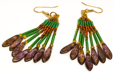Handmade Green Orange Fringe Dagger Earrings