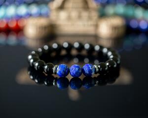 Ashur Designs "Orion's Belt" Natural Gemstone Bracelet, Lapis Lazuli and Polished Onyx 10mm