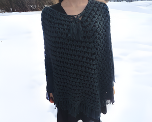 Women's Nursing Access Poncho with tassel drawstring that covers the shoulders and extends to the knees Features dark teal soft acrylic yarn crochet  in a shell stitch pattern. One Size Fits All.