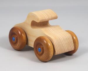 Handmade wooden toy car. The body is finished with clear shellac, and the wheels are finished with amber shellac. The hubs are painted with metallic sapphire blue trim.