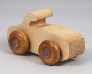 Handmade wooden toy car. The body is finished with clear shellac, and the wheels are finished with amber shellac. The hubs are painted with metallic sapphire blue trim.