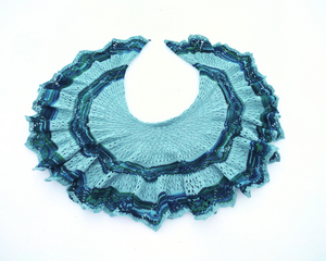 Handknit Ice Angel Wing Shawl in an Evenstar Lace Pattern for Newborn Photography and Nursery Decor 
Mint turquoise robins egg blue color yarn in the center knit in an ice field pattern bordered by a stripe of a variegated green, blue, and Robin's egg blue turquoise in a Chevron lace pattern, followed by another ice field lace section in mint turquoise Robin's egg blue, and finally a border of the variegated green, blue, and Robin's egg blue yarn knit in an Evenstar lace motif pattern with picot points around the edge. The shawl is a semicircular arc shape that ruffles around the edge. It measures 24" across.