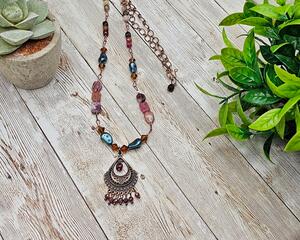 25" necklace - tourmaline nuggets, faceted tourmaline, pink opal, Swarovksi kidney pearls, copper pendant and handcrafted copper hook clasp.