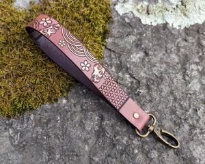Handmade Japanese Motif Leather Wrist Strap for Keys, Wallet, Clutch, Badge Featuring hemp flower/Asanoha, waves/Seigaiha, clouds, and cherry blossoms/Sakura