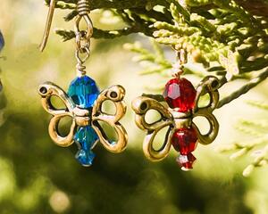 Blue and red butterfly earrings