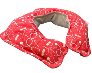 Heated neck warmer shoulder wrap with removable cover. Medical print, unscented or scented with lavender-chamomile or eucalyptus-peppermint.
