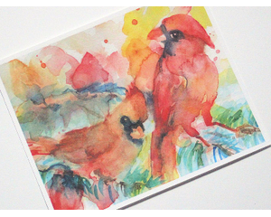 Loosely painted watercolor print of 2 cardinals on the branches of a blue spruce tree. Its loaded with color. Horizontal format. Bird lover