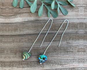 4" sterling silver filled abalone heart threader earrings.