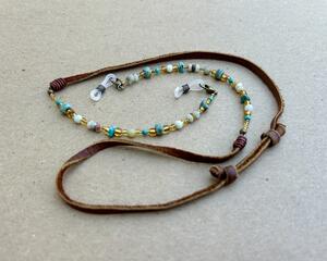 Adjustable Turquoise and Brown Eyeglass Chain made with soft suede cord. Converts to a 4-strand wrapped bracelet.
