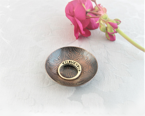 handmade 1-7/8" diameter solid copper trinket dish upcycled from embossed vintage copper platter