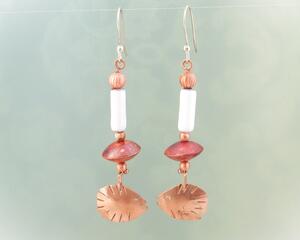 Copper Fish Earrings with white enameled bugle bead and copper saucer bead, all handmade from scratch