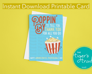 Poppin' By to Say Thank You Administrative Professional Day Gifts, Popcorn Thank You Card, Instant Download Printable Popcorn Theme Greeting Card, Digital Popcorn Gift