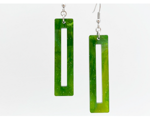 Sparkling green geometric dangle earrings, long rectangular style, boho chic fashion, silver-tone ear wires, handmade by Bel Creative Arts