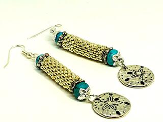 Handmade Silver Turquoise Sand Dollar Beadweaving Earrings