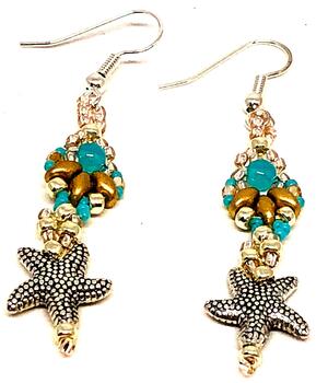 Handmade Turquoise Gold Silver Shell Starfish Earrings