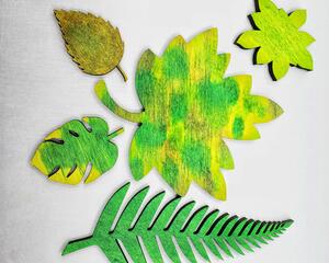 5 Wooden Leaf Magnets in varying shades of light and dark green, all are unique leaf shapes including monstera, birch, fern, succulent, and maple shaped leaves.