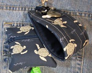 Gift set grey turtles on navy bluee with sea grass zipper bag and drink sleeve hand made in the USA by A Fur Baby Favorite