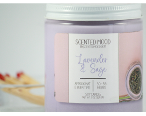 Purple candle made with soy and scented with lavender and sage. Burn time approximately 50 - 55 hours.