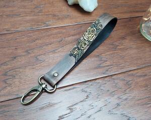 Yellow Roses on Antique Black Leather Wrist Strap for Keys, Wallet, Clutch, Badge