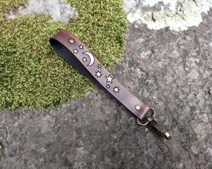 Moon & Stars Hand painted on Premium Leather Wrist Strap. Celestial Wrist strap for keys, wallet, clutch. Long keychain. Strap replacement.