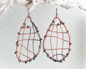 woven copper wire large dangle earrings with 6mm turquoise and copper composite gemstone cabochon