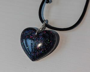 black holo glitter heart necklace with flash