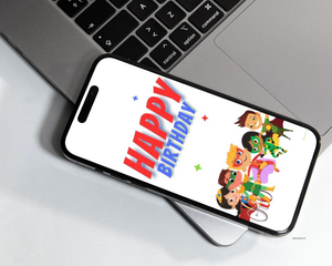 Red And Blue Comic Hoppy Birthday Text With Superhero Kids On Mobile Phone