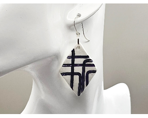 Large rectangle shaped earrings, white with black grid lines. Handcrafted silver earring wires.