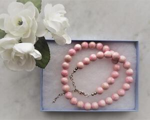 Pink beaded necklace with silver extender and clasp
