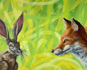 "Hare and Fox" Original Chris Wakefield Mixed Media Painting on Canvas
