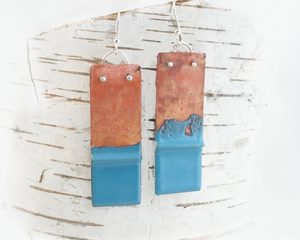 Fold-Formed Flame-Painted Sea Foam Aqua Copper Enamel Statement Earrings