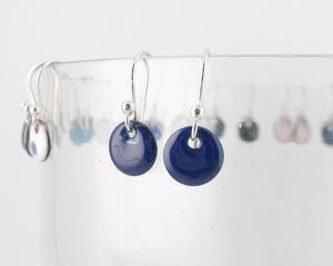 Tiny Deep Blue Enameled Copper Disc Dangle Earrings