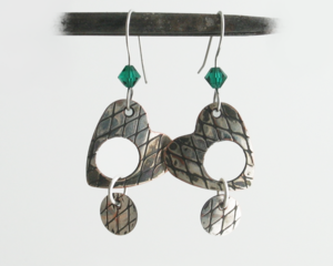 Silver Heart Green Crystal Articulated Dangle Earrings