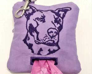 Dog poop bag holder with embroidered pit bull and bag opening. Free roll of bags . Handmade by A fur baby favorite in  the USA