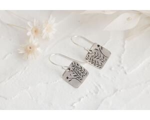 Sterling silver 10x10mm  square tag earrings with fern design and sterling silver hook wire.
