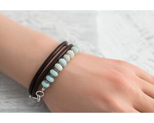 Triple wrap leather cord bracelet made with aqua blue amazonite beads sterling silver accents, and a handcrafted sterling silver hook clasp.