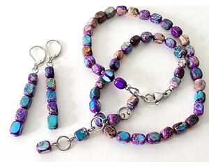 Purple jasper gemstone beaded choker necklace and dangle earrings set, handmade.