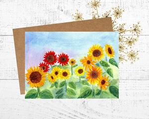 This is a greeting card from a hand painted watercolor of different colored sunflowers of red orange and yellow.