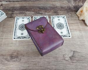 Handmade Premium Leather Tarot Card Case in a purple hue called Violet Cosmos. Shown laying flat with standard size tarot cards.
