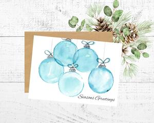 Card with light blue watercolor ornaments. There are five round globes.  With or without wording Seasons Greetings.