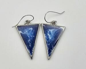Upside down triangle earrings, blue with white waves like the ocean, silver bezel, handcrafted silver earring wires.