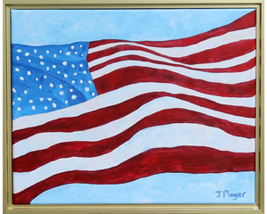 Colorful US Flag Art. This is an abstract flag that appears to be blowing in the wind. The flag is on a blue background and the art has a gold frame.