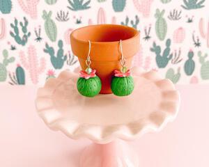 Miniature Barrel Cactus Earrings Hanging from Tiny Pot