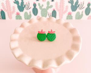 fireflyFrippery Cute Cactus Stud Earrings on Pink Display Stand