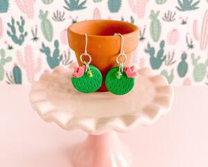 fireflyFrippery Cute Chic Cactus Earrings Hanging from Miniature Terra Cotta Pot
