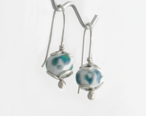 Copper Enamel Spheres of White Turquoise and Water Blue Dangle Earrings with Argentium 935 Sterling Silver Earwires